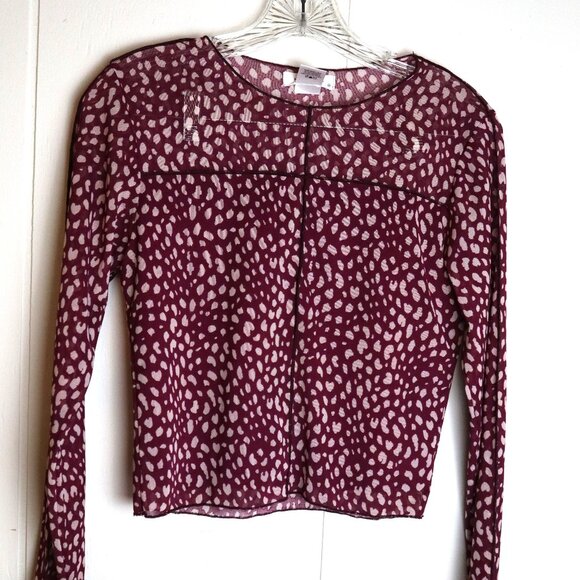 Y2K Retro Maroon Animal Print Semi Sheer Crop Long Sleeve Shirt Goth Kirious M - Picture 1 of 5
